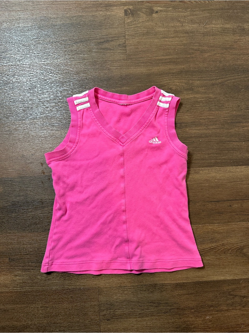 Adidas pink tennis tank top with white stripes on shoulders